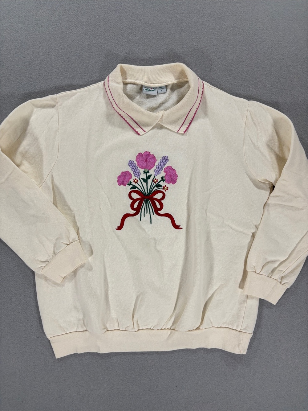 Haband Cream Polo Sweater with Pink Floral Embroidery and Red Bow